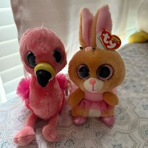 Ty Pink Flamingo and Tan Bunny Beanie Boos